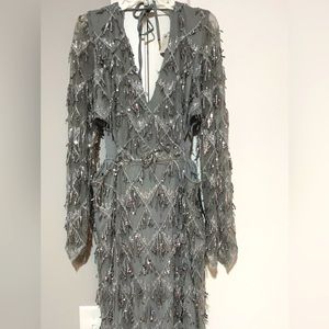 Silver long sleeve prom dress